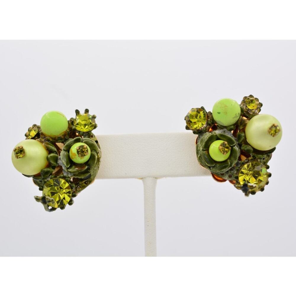 Vintage Beaded Clip On Earrings Green Floral Crystal Heavy Chunky 1970s BinAE